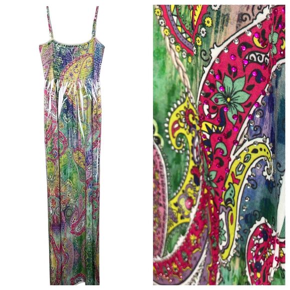 Womens XL Paisley Maxi Dress Spaghetti Strap Smocked Summer Vacation Cruise NEW - Picture 1 of 9